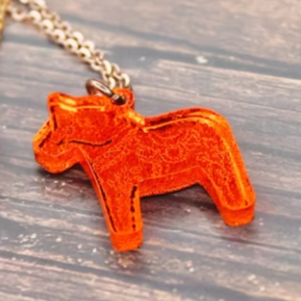 Dala Necklace Norsk Orange Acrylic Pendant with 18 inch Gold Chain